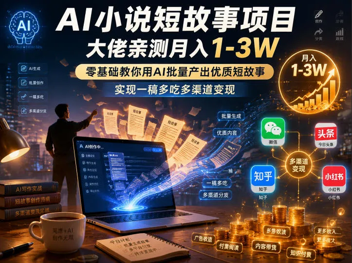 AI小说短故事项目,大佬亲测月入1-3W,零基础教你用AI批量产出优质短故事,实现一稿多吃多渠道变现-云网创