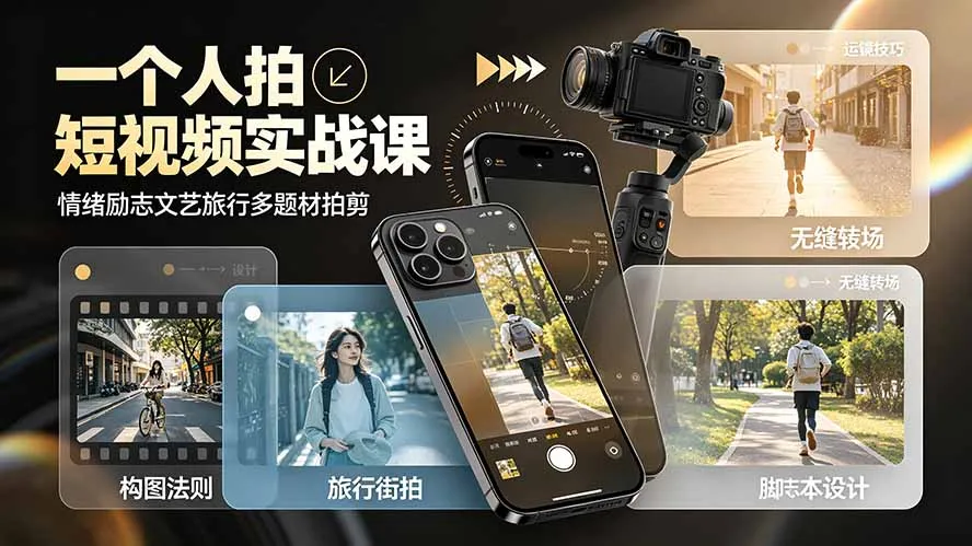 一个人拍短视频实战课：情绪励志文艺旅行多题材×五大景别×黄金构图×八大运镜，从拍摄到成片高效创作-创客联盟