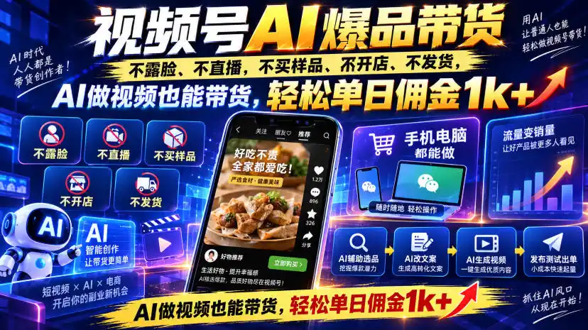 视频号Ai爆品带货,不露脸、不直播、不买样品、不开店、不发货,AI做视频也能带货,轻松单日佣金1k+-创客联盟