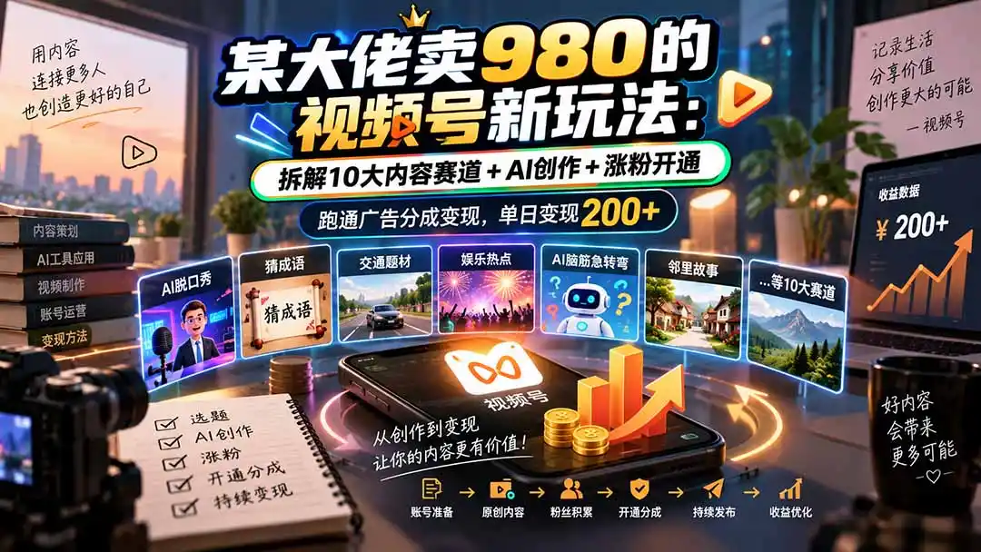 某大佬卖980的视频号新玩法:拆解10大内容赛道+AI创作+涨粉开通,跑通广告分成变现,单日变现200+-创客联盟