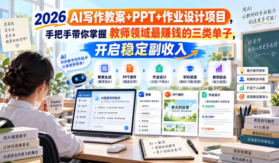 2026 AI写作教案+PPT+作业设计项目，手把手带你掌握教师领域最賺钱的三类单子，开启稳定副收入-创客联盟