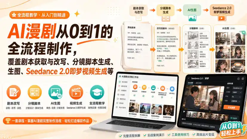 AI漫剧从0到1的全流程制作，覆盖剧本获取与改写、分镜脚本生成、角色场景生图与三视图、Seedance 2.0即梦视频生成(PDF版)-创客联盟