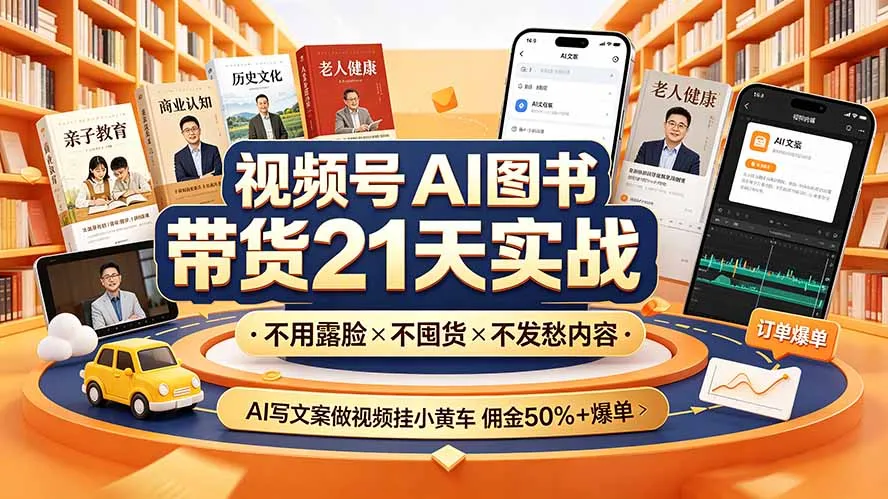视频号AI图书带货21天实战：不用露脸×不囤货×不发愁内容，AI写文案做视频挂小黄车，佣金50%+爆单-创客联盟