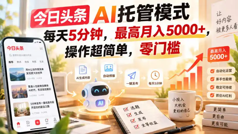 今日头条AI托管模式,每天5分钟,最高月入5000+,操作超简单,零门槛【揭秘】