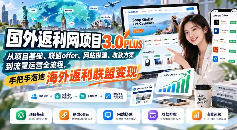 国外返利网项目3.0PLUS,从项目基础、联盟offer、网站搭建、收款方案到流量运营全流程,手把手落地海外返利联盟变现-创客联盟