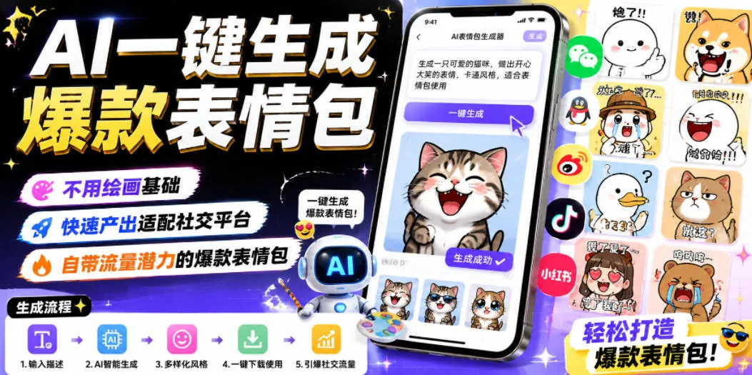 AI一键生成爆款表情包,不用绘画基础,快速产出适配社交平台,自带流量潜力的爆款表情包-创客联盟