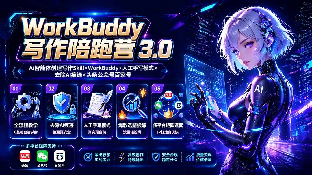WorkBuddy写作陪跑营3.0-更新：Ai智能体创建写作Skill×WorkBuddy×人工手写模式×去除AI痕迹×头条公众号百家号-创客联盟