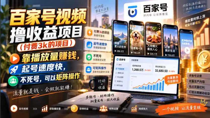 百家号视频撸收益项目(付费3k的项目),靠播放量賺钱,起号速度快,不死号,可以矩阵操作-创客联盟