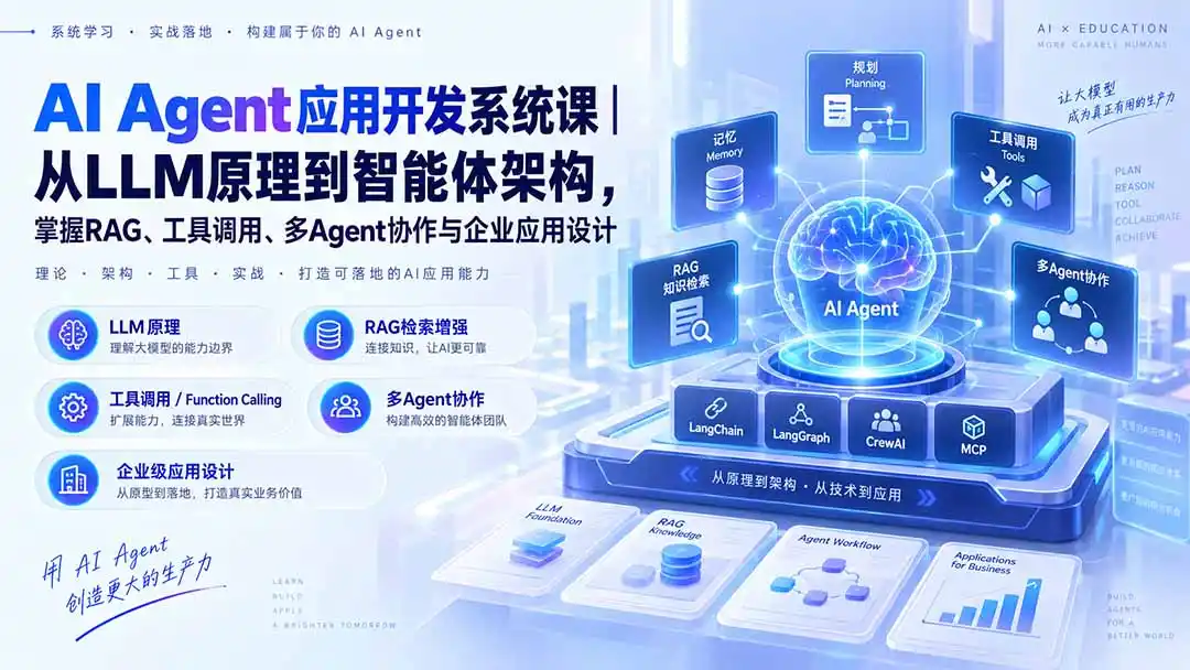 AI Agent应用开发系统课-179节|从LLM原理到智能体架构,掌握RAG、工具调用、多Agent协作与企业应用设计-创客联盟