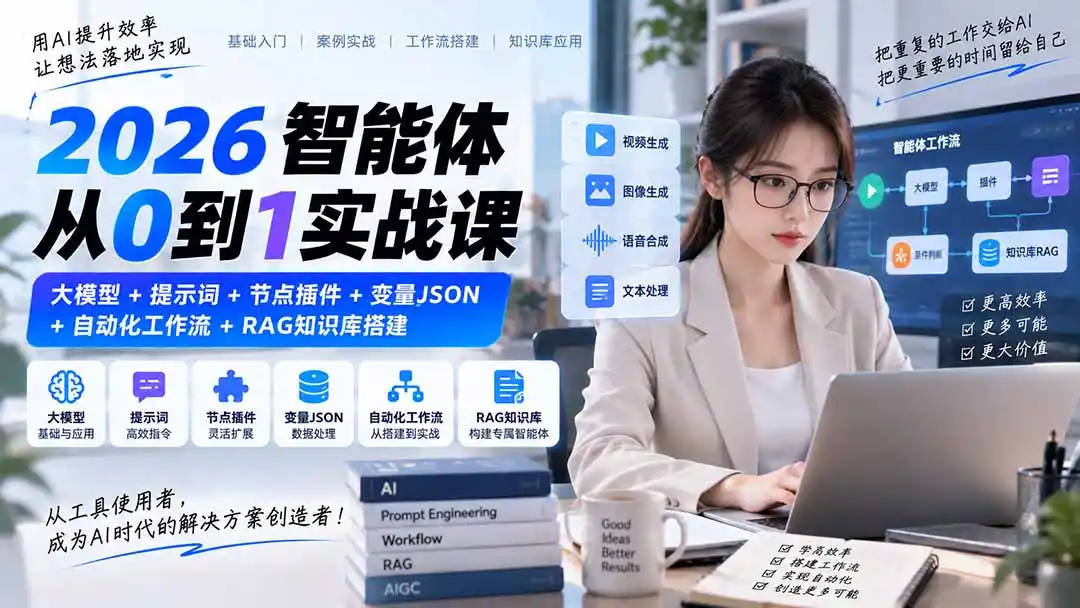 2026智能体从0到1实战课|大模型+提示词+节点插件+变量JSON+自动化工作流+RAG知识库搭建-创客联盟