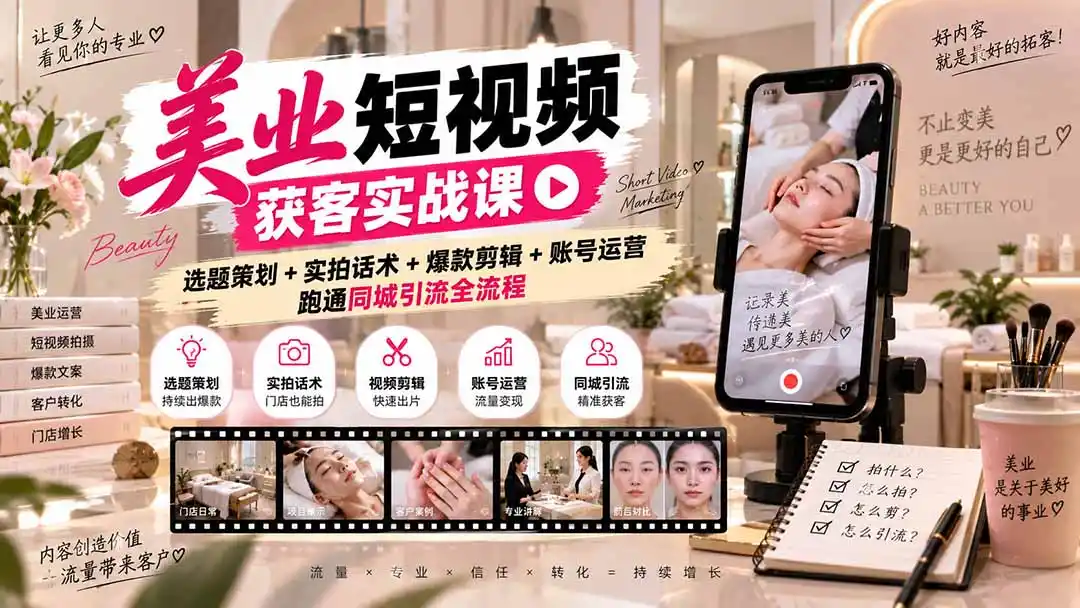 美业短视频获客实战课-无水印:选题策划+实拍话术+爆款剪辑+账号运营,跑通同城引流全流程-创客联盟