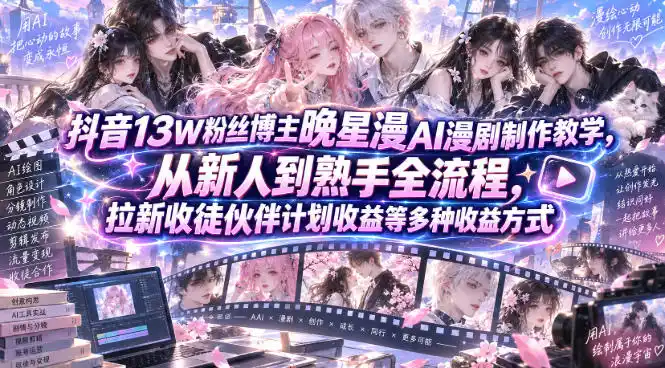抖音13W粉丝博主晚星漫AI漫剧制作教学，从新人到熟手全流程，拉新收徒伙伴计划收益等多种收益方式，单日1K+-创客联盟