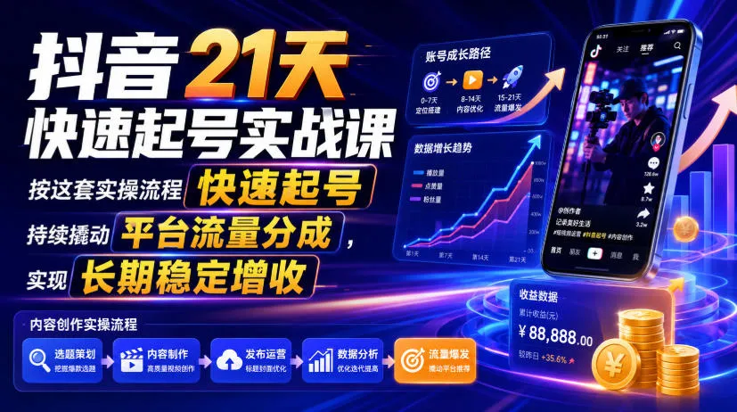 抖音21天快速起号实战课，按这套实操流程快速起号，持续撬动平台流量分成，实现长期稳定增收-创客联盟
