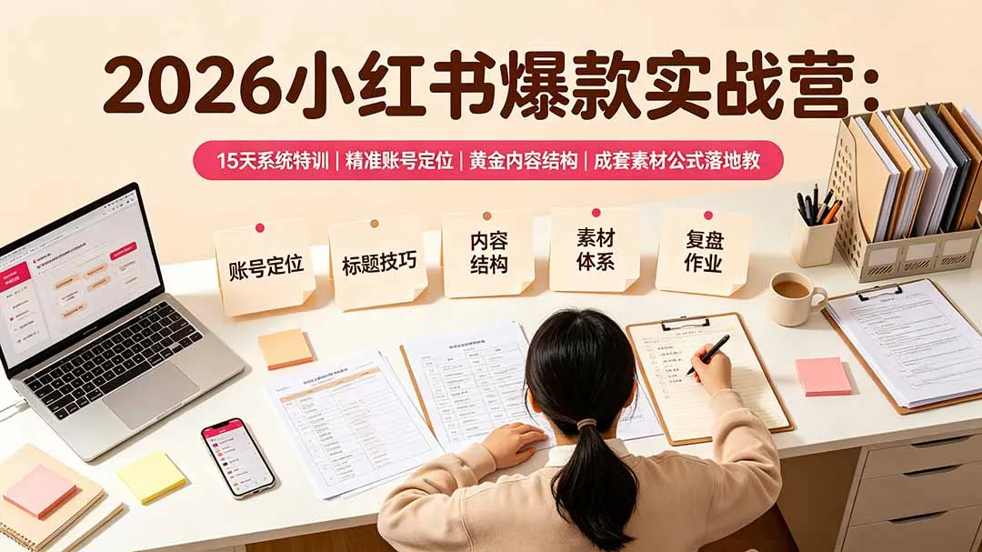 2026小红书爆款实战营：15天系统特训｜精准账号定位｜黄金内容结构｜成套素材公式落地教程-创客联盟