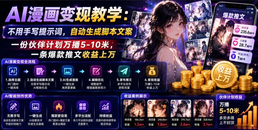 AI漫画变现教学:不用手写提示词,自动生成脚本文案,一份伙伴计划万播5-10米,一条爆款推文收益上W-创客联盟