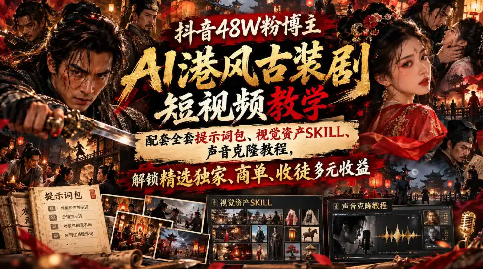 抖音48W粉博主AI港风古装剧短视频教学,配套全套提示词包、视觉资产SKILL、声音克隆教程,解锁精选独家、商单、收徒多元收益-创客联盟
