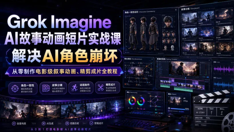 Grok Imagine AI故事动画短片实战课｜解决AI角色崩坏，从零制作电影级叙事动画、精剪成片全教程(中英字幕)-创客联盟