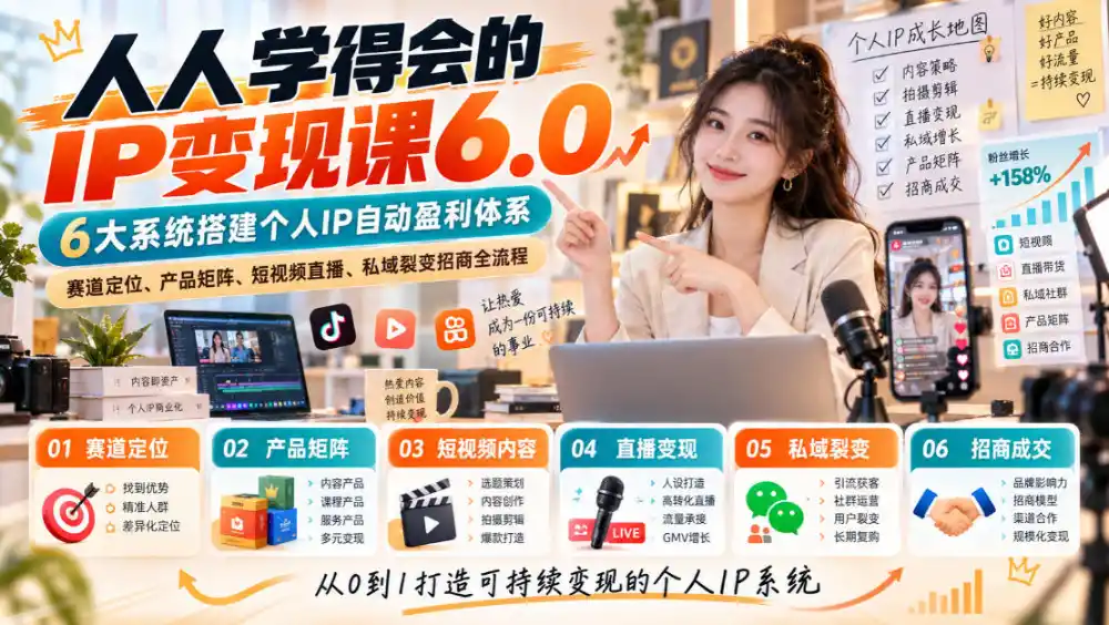 人人学得会的IP变现课6.0，6大系统搭建个人IP自动盈利体系，赛道定位、产品矩阵、短视频直播、私域裂变招商全流程-创客联盟