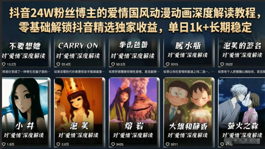 抖音24W粉丝博主的爱情国风动漫动画深度解读教程,零基础解锁抖音精选独家收益,单日1k+长期稳定-云网创