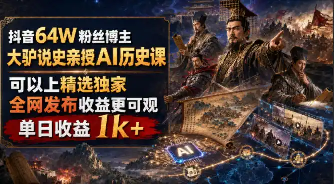 抖音64W粉丝博主大驴说史亲授AI历史课,可以上精选独家,全网发布收益更可观,单日收益1k+(更新)-创客联盟