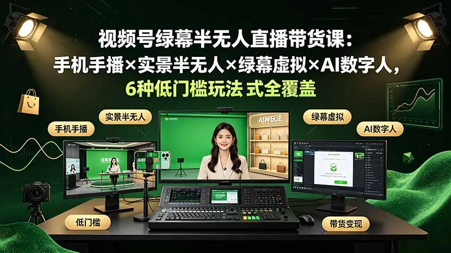 视频号绿幕半无人直播带货课：手机手播×实景半无人×绿幕虚拟×AI数字人，6种低门槛玩法全覆盖-创客联盟