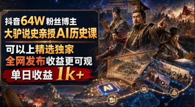 抖音64W粉丝博主大驴说史亲授AI历史课，可以上精选独家，全网发布收益更可观，单日收益1k+-创客联盟