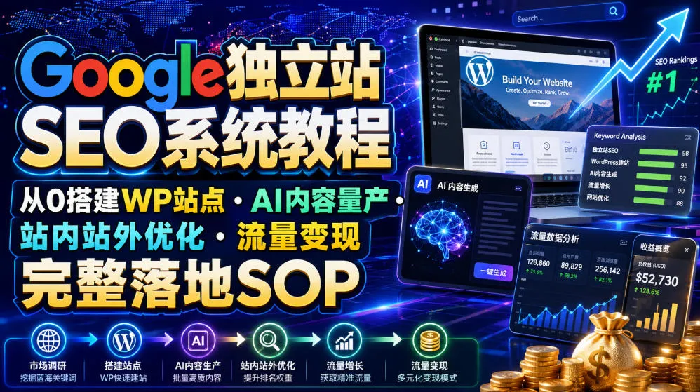Google独立站SEO系统教程，从0搭建WP站点・AI内容量产・站内站外优化・流量变现完整落地SOP(2026年7月)-创客联盟