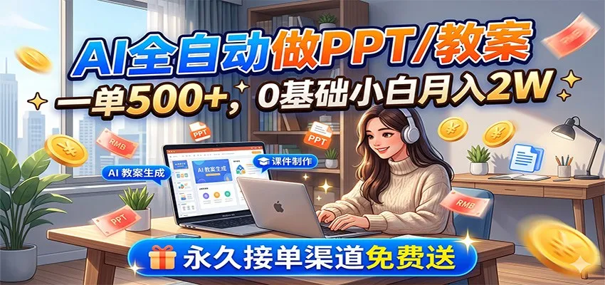 AI全自动做PPT/教案，一单500+，0基础小白月入2W，永久接单渠道免费送-创客联盟