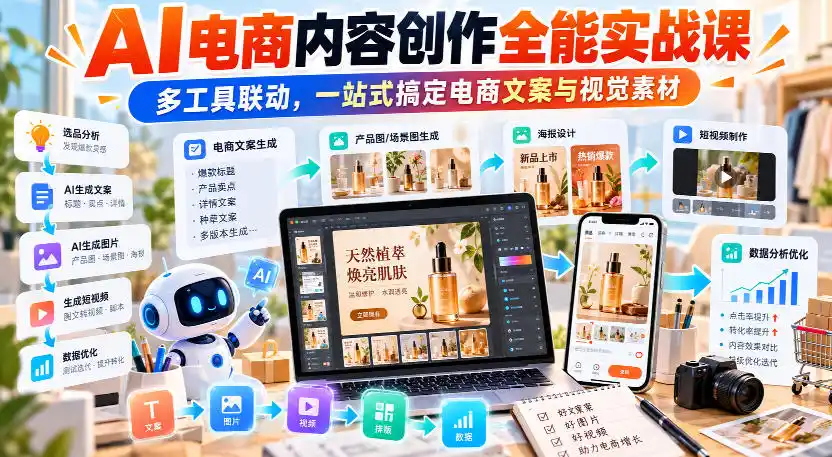 【无水印】AI电商内容创作全能实战课｜多工具联动，一站式搞定电商文案与视觉素材-创客联盟