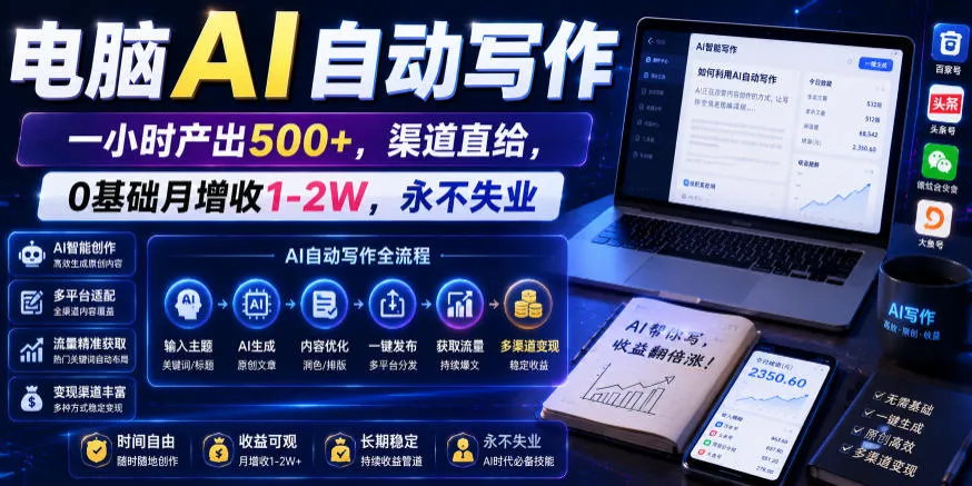 电脑AI自动写作,一小时产出500+,渠道直给,0基础月增收1-2W,永不失业【揭秘】-云网创