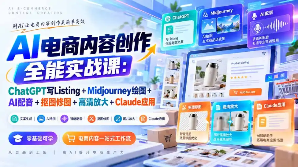 【无水印】AI电商内容创作全能实战课：ChatGPT写Listing+Midjourney绘图+AI配音+抠图修图+高清放大+Claude应用-创客联盟