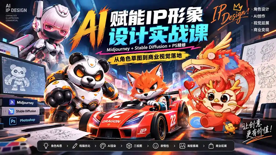 AI赋能IP形象设计实战课-无水印:Midjourney+Stable Diffusion+PS精修,从角色草图到商业视觉落地-创客联盟
