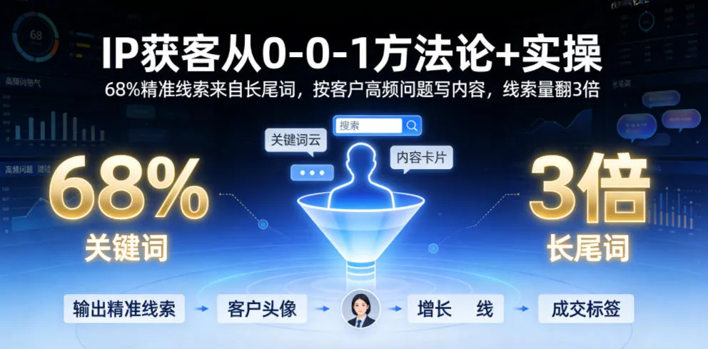 IP获客从0-1方法论+实操，68%精准线索来自长尾词，按客户高频问题写内容，线索量翻3倍-创客联盟