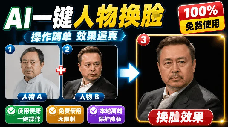 纯离线本地运行!AI一键人物lian部替换软件,支持图片换lian,效果逼真,最便捷换lian工具FaceSwap-创客联盟