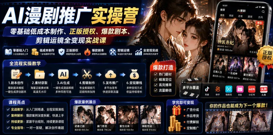 AI漫剧推广实操营｜零基础低成本制作、正版授权、爆款剧本、剪辑运镜全变现实战课-创客联盟