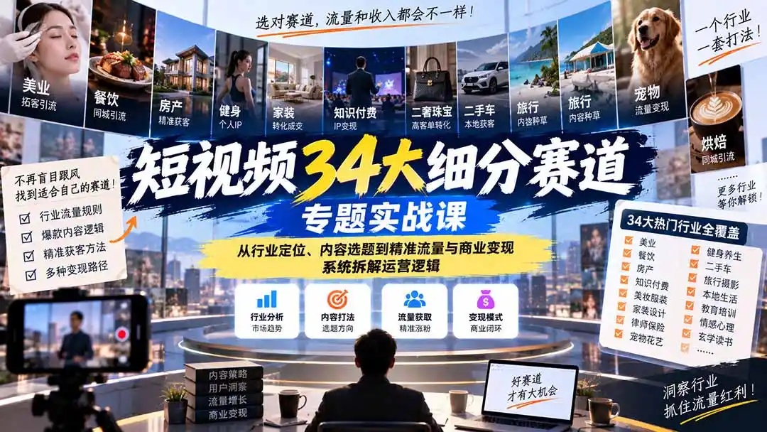 短视频34大细分赛道专题实战课:从行业定位、内容选题到精准流量与商业变现,系统拆解运营逻辑-创客联盟