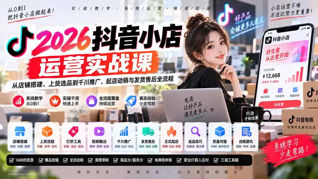 2026抖音小店运营实战课|从店铺搭建、上货选品到千川推广、起店动销与发货售后全流程-创客联盟