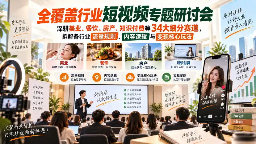 短视频专题研讨会,深耕美业、餐饮、房产、知识付费等34大细分赛道,拆解各行业流量规则、内容逻辑与变现核心玩法-创客联盟
