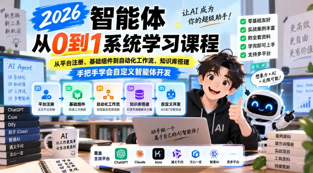 2026智能体从0到1系统学习课程,从平台注册、基础组件到自动化工作流、知识库搭建,手把手学会自定义智能体开发-创客联盟