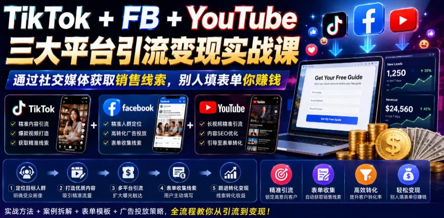 TikTok+FB+YouTube三大平台引流变现实战课,通过社交媒体获取销售线索,别人填表单你賺钱【原创双语字幕】-创客联盟