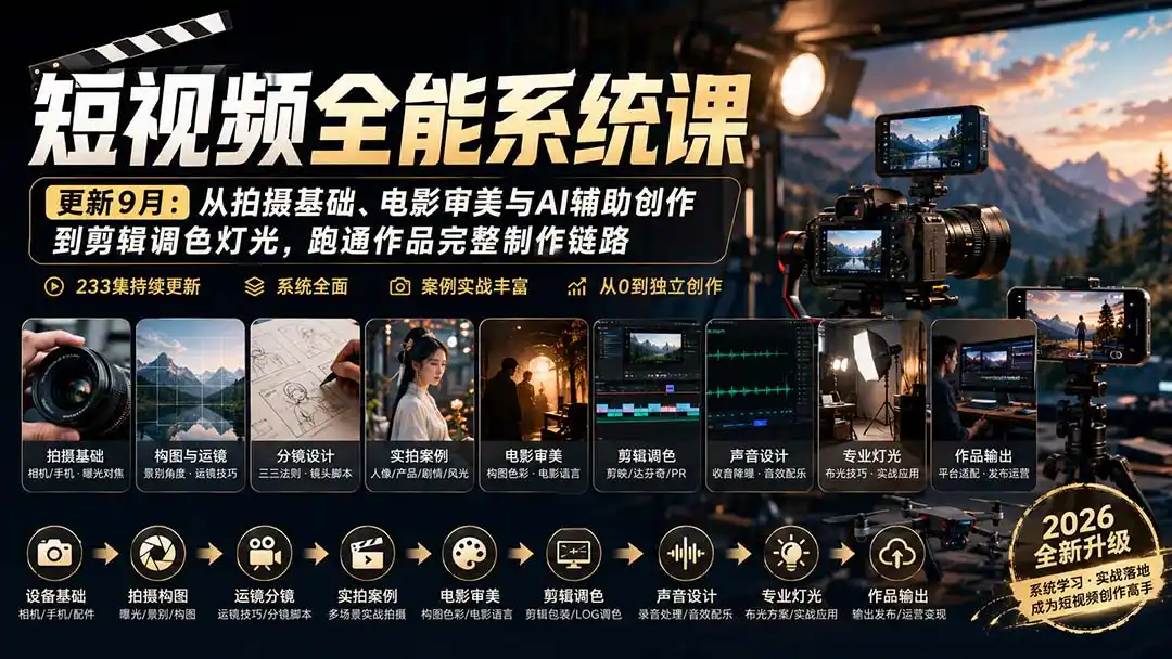 短视频全能系统课-9月完整版:从拍摄基础、电影审美与AI辅助创作到剪辑调色灯光,跑通作品完整制作链路-创客联盟