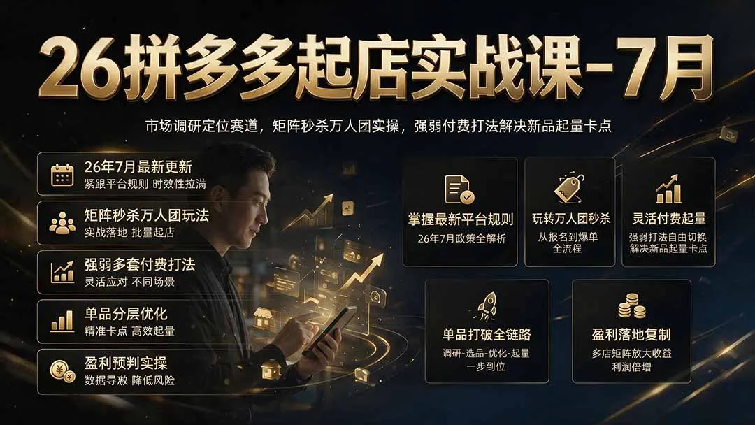 26拼多多起店实战课-7月｜市场调研定位赛道，矩阵秒杀万人团实操，强弱付费打法解决新品起量卡点-创客联盟