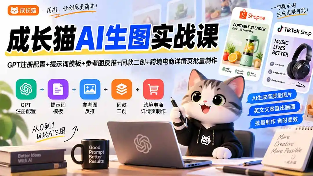 成长猫AI生图实战课|GPT注册配置+提示词模板+参考图反推+同款二创+跨境电商详情页批量制作-创客联盟
