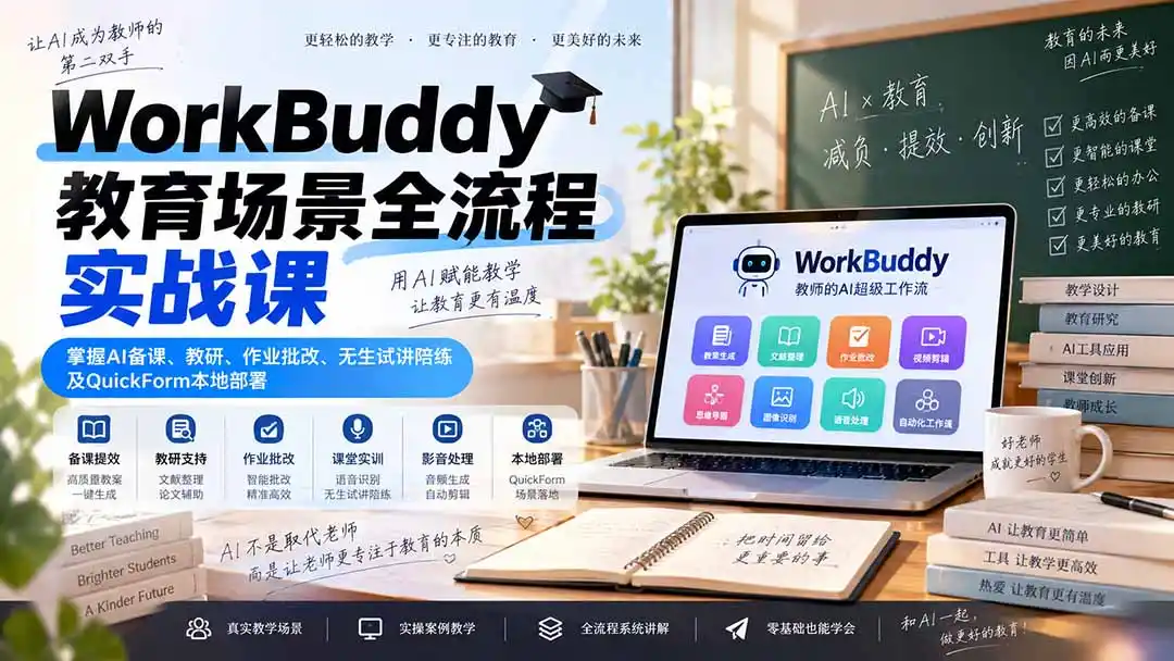 WorkBuddy教育场景全流程实战课:掌握AI备课、教研、作业批改、无生试讲陪练及QuickForm本地部署-创客联盟