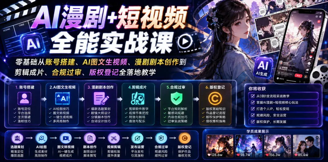 AI漫剧+短视频全能实战课｜零基础从账号搭建、AI图文生视频、漫剧剧本创作到剪辑成片、合规过审、版权登记全落地教学-创客联盟