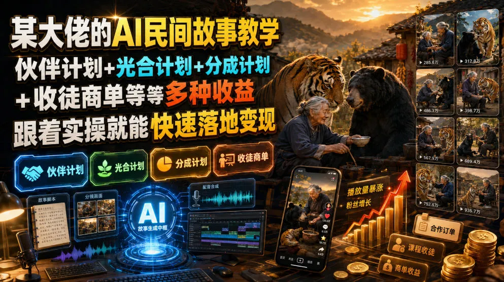 某大佬的AI民间故事教学，伙伴计划+光合计划+分成计划+收徒商单等多种收益，跟着实操就能快速落地变现-创客联盟