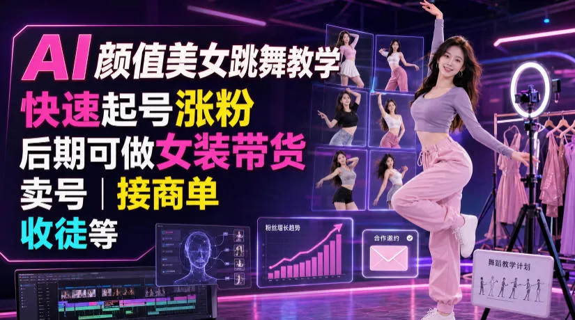 AI颜值美女跳舞教学，快速起号涨粉，后期可做女装带货，卖号，接商单，收徒等-创客联盟