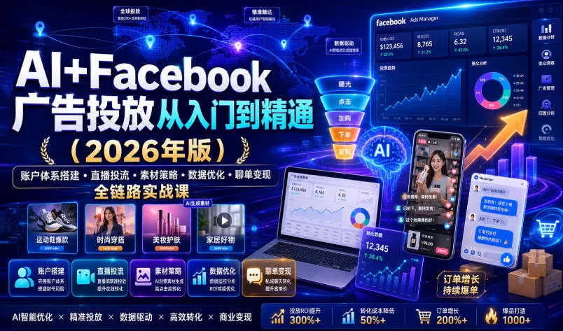 AI+Facebook广告投放从入门到精通(2026年版)｜账户体系搭建・直播投流・素材策略・数据优化・聊单变现全链路实战课-创客联盟