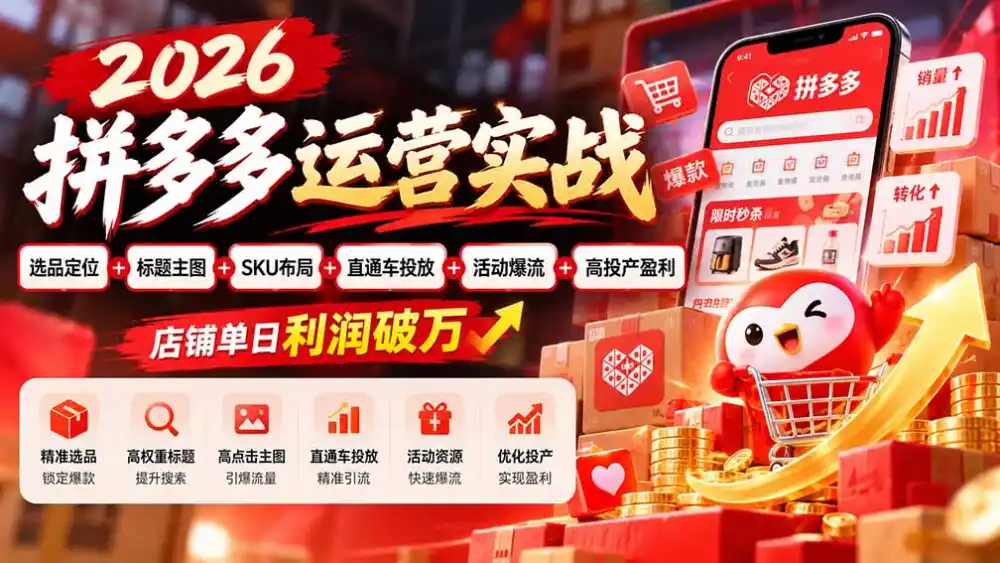 2026拼多多运营实战-更新1002：选品定位+标题主图+SKU布局+直通车投放+活动爆流+高投产盈利 店铺单日利润破万-创客联盟