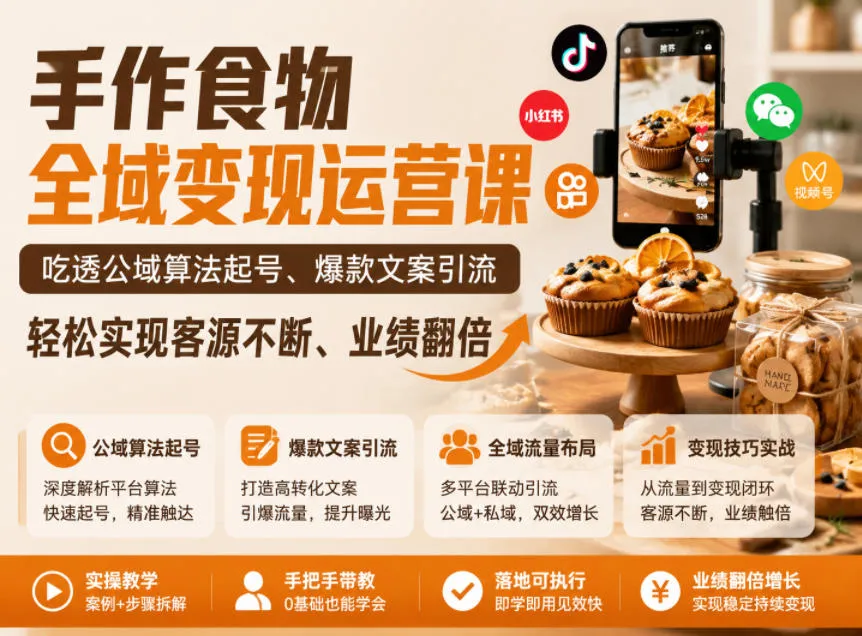 手作食物全域变现运营课，吃透公域算法起号、爆款文案引流，轻松实现客源不断、业绩翻倍-云网创